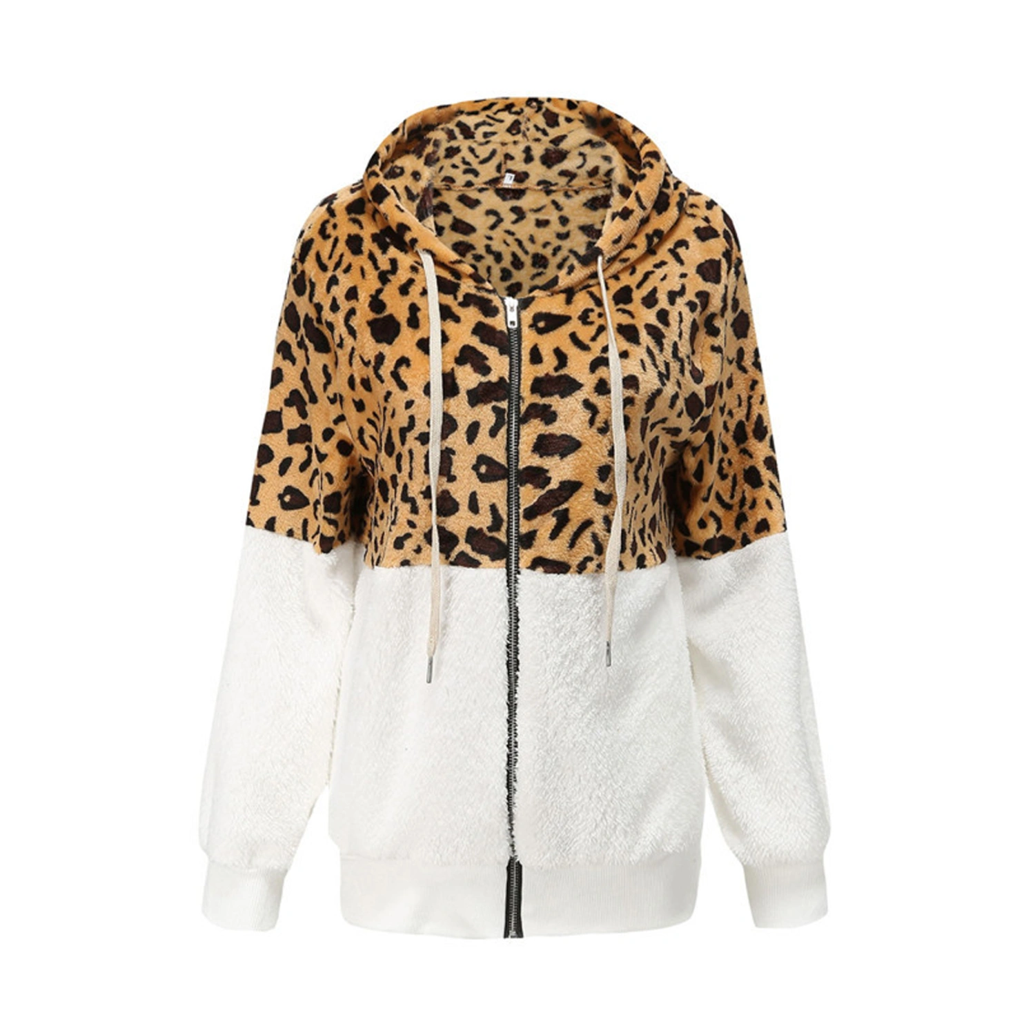 Women Autumn Jacket, Leopard Print Fleece Hooded Zipper-Front Coat