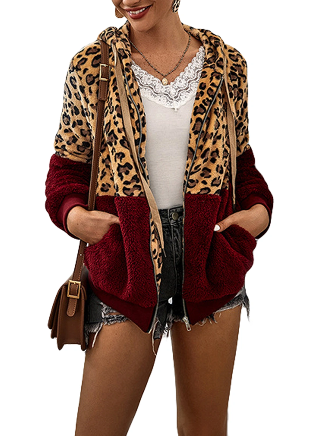 Women Autumn Jacket, Leopard Print Fleece Hooded Zipper-Front Coat