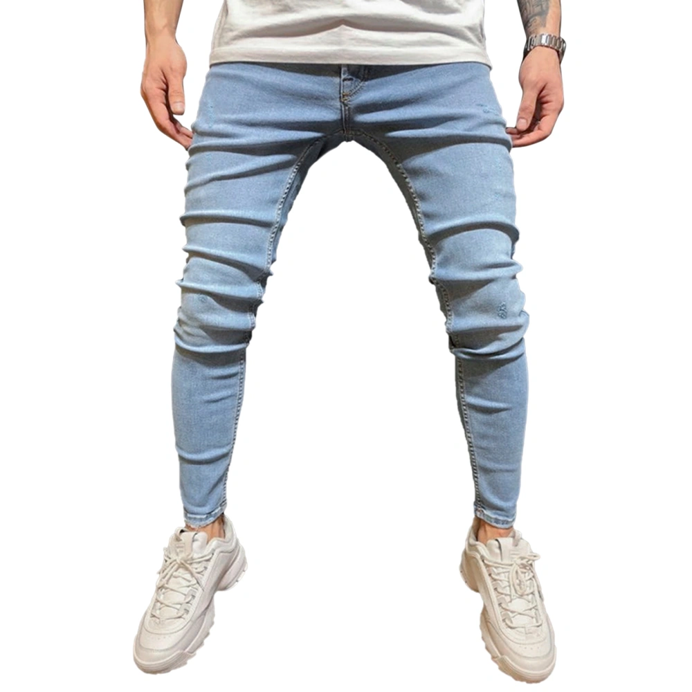 Men's Stretch Biker Jeans Mid Waist Skinny Washed Denim Pants