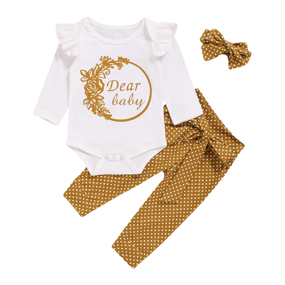 Baby Girl's White Long Sleeve Letter Romper + Polka Dot Pants + Headband