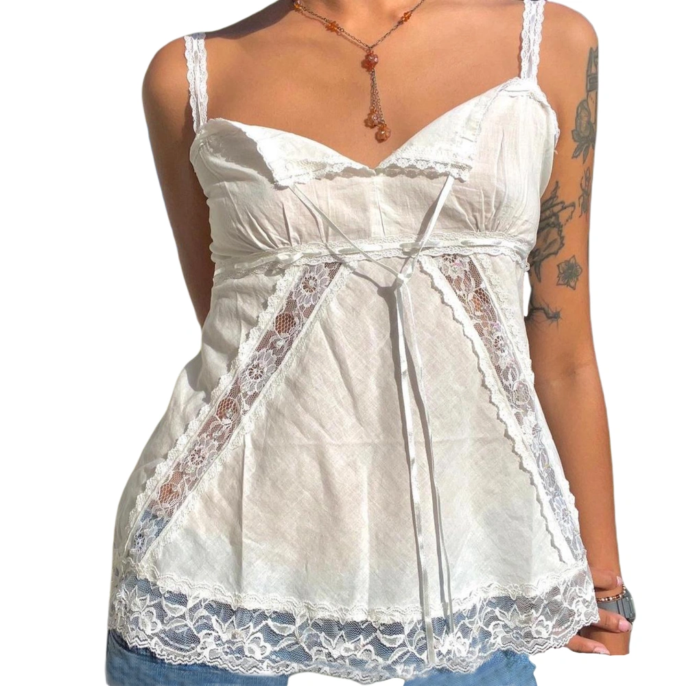 Women Lace Patchwork Tank Top White Low Cut Spaghetti Strap Tops