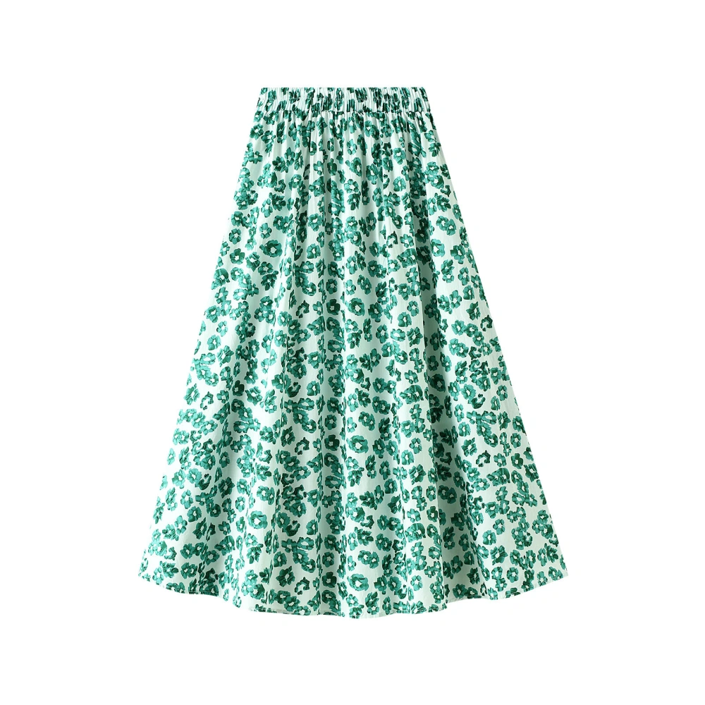 Women Floral Print Midi Skirt, Large Hem High Waist A-line Skirt