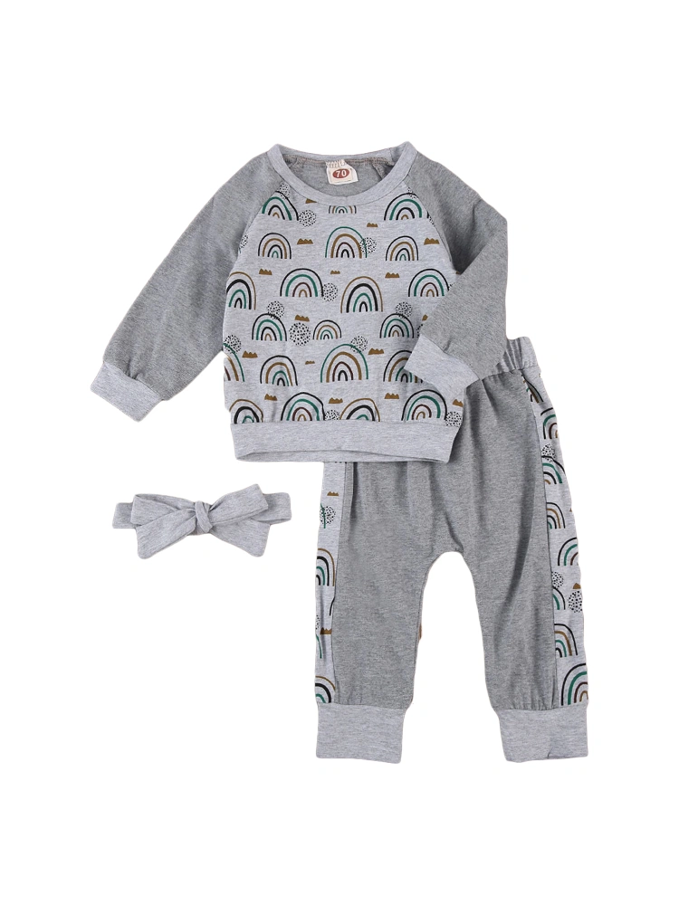 Girl's Gray Long Sleeve Rainbow Print Tops + Gray Rainbow Print Pants + Headband