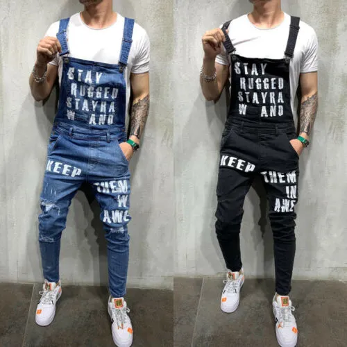 Men’s Denim Suspender Pants, Letter Destroyed Pockets Adjustable Straps Overalls