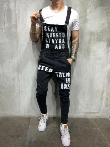 Men’s Denim Suspender Pants, Letter Destroyed Pockets Adjustable Straps Overalls