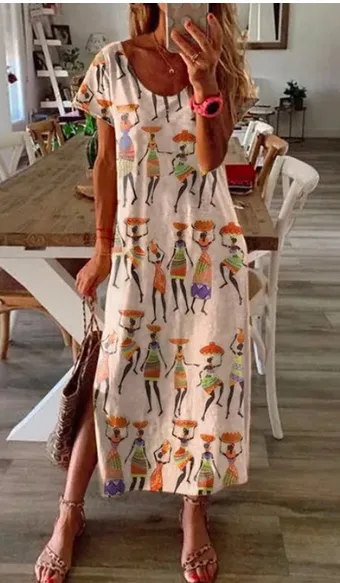 Women Summer Short Sleeve Dress Ethnic Style Print O-neck Split Long Sundress