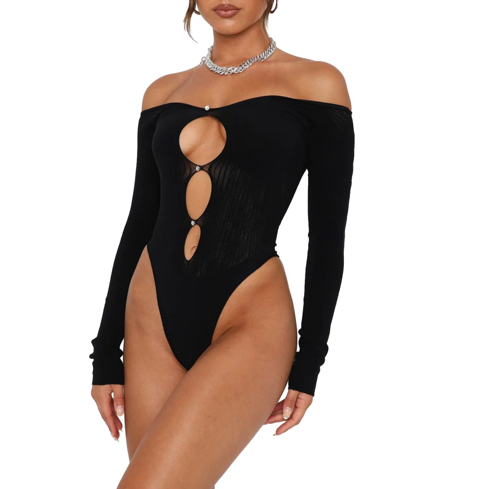 Women's Off-Shoulder Bodysuit Lingerie, Long Sleeve Rompers Tops