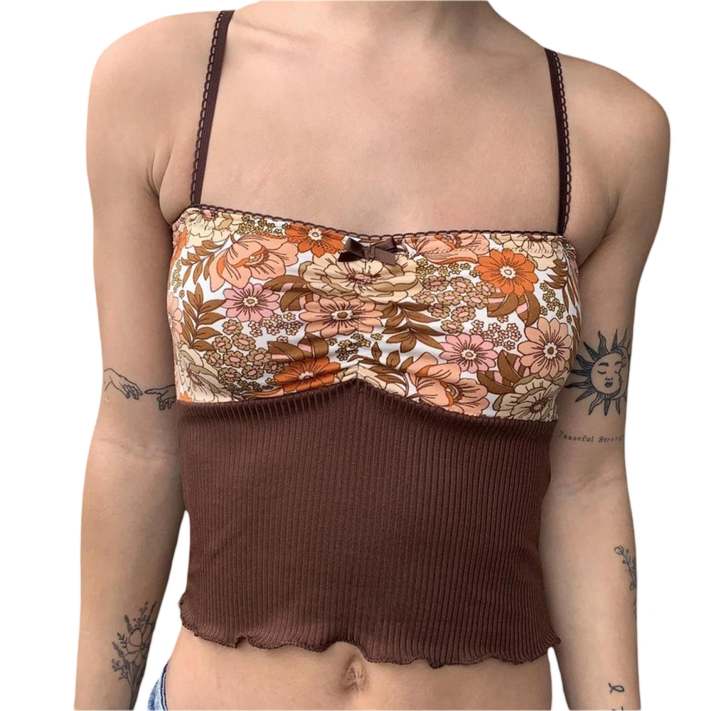 Women's Summer Brown Sleeveless Low Cut Floral Patchwork Tops