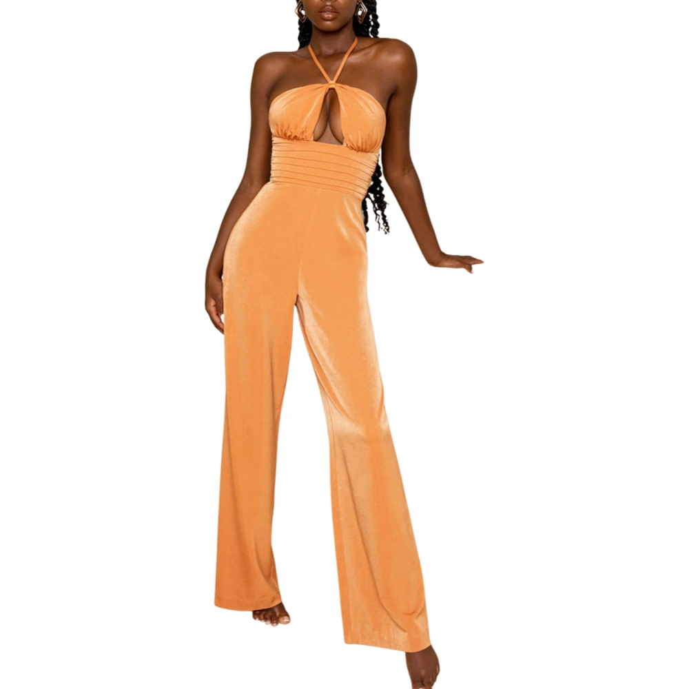 Women’s Solid Color Hollow Halter Tie-up Backless Loose Jumpsuit