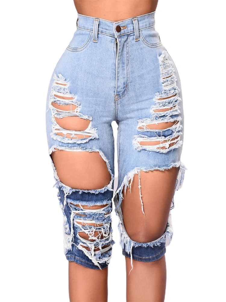 Women Ripped Jeans High Waist Color Stitching Short Denim Pants