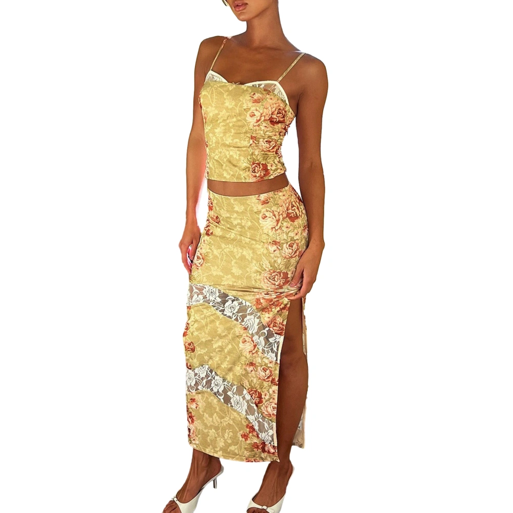 Women's Floral Print Cami Tops + Sheer Lace Patchwork Slit Long Skirt 