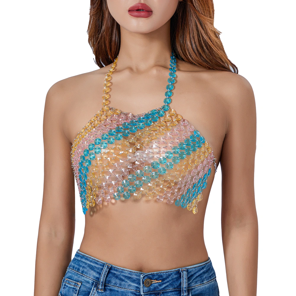 Women Chain Bra, Sparkle Crystal Body Jewelry Colorful Clubwear