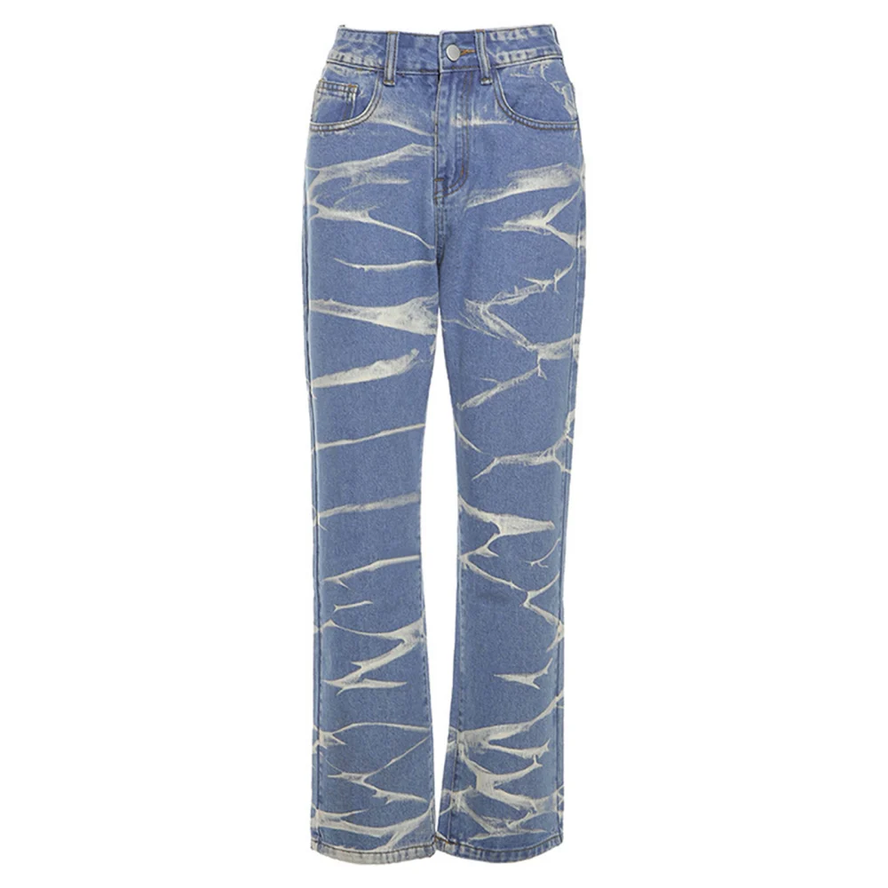 Women Long Jeans, Blue Stripe Print Straight-leg High Waist Pants