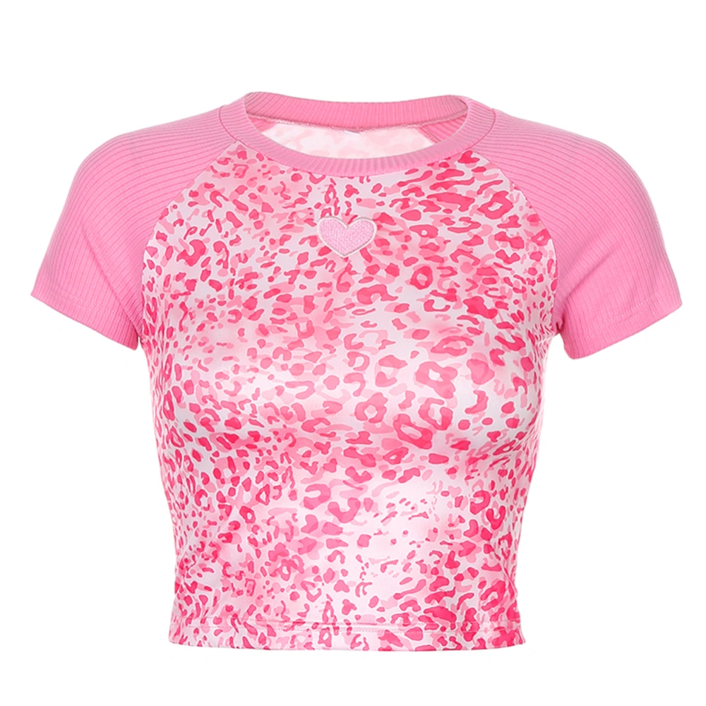 Women Summer Short Top Shirt, Leopard & Embroidery Heart Short Sleeve Crop Tops