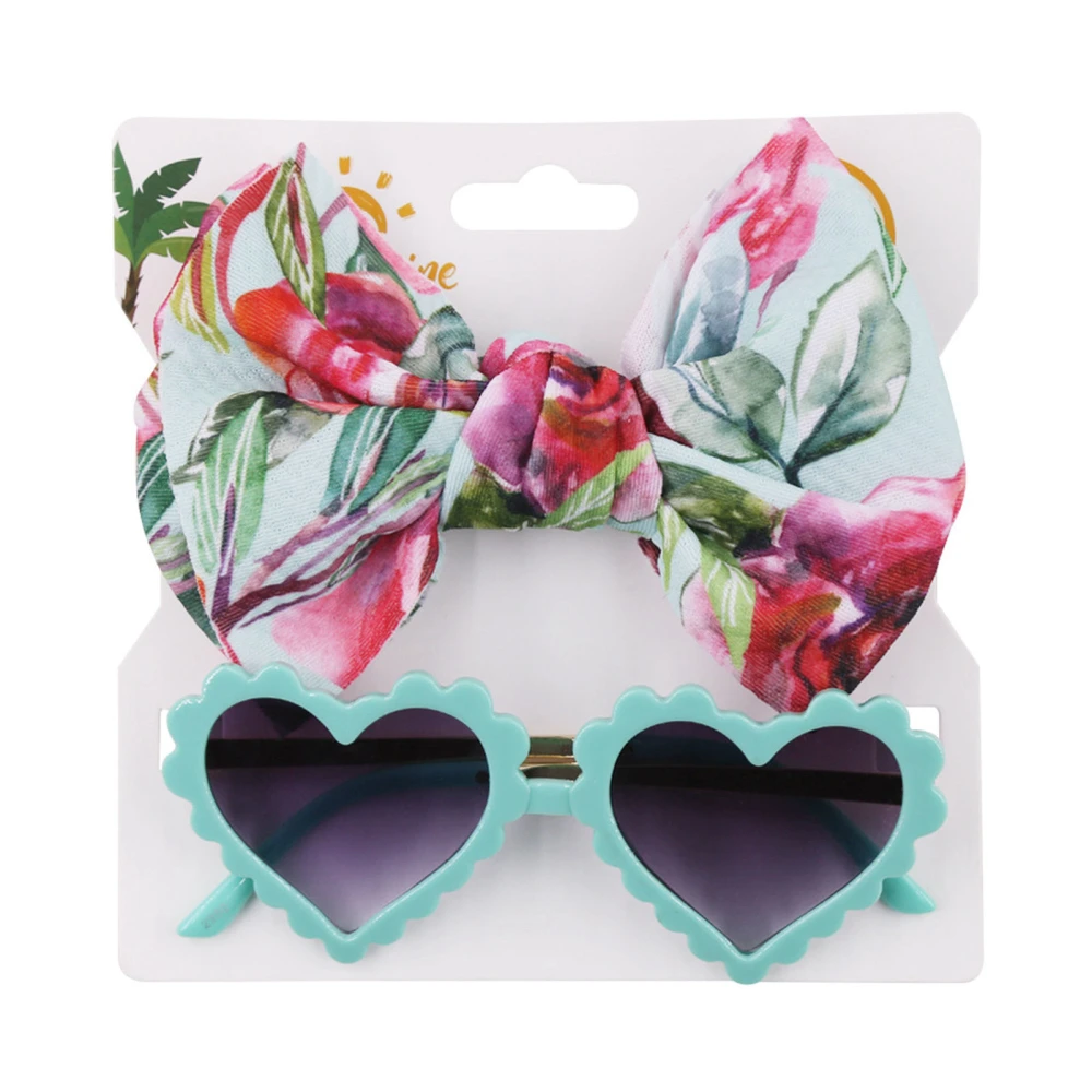 Kids Floral Print Bowknot Hairband+ Heart-Shaped Dark Glasses