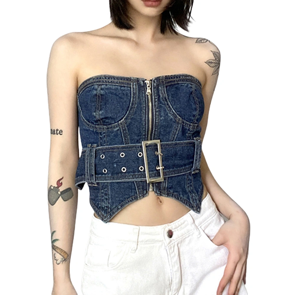 Women's Denim Tube Tops Strapless Zip Up Bandeau Corset Belted Tops