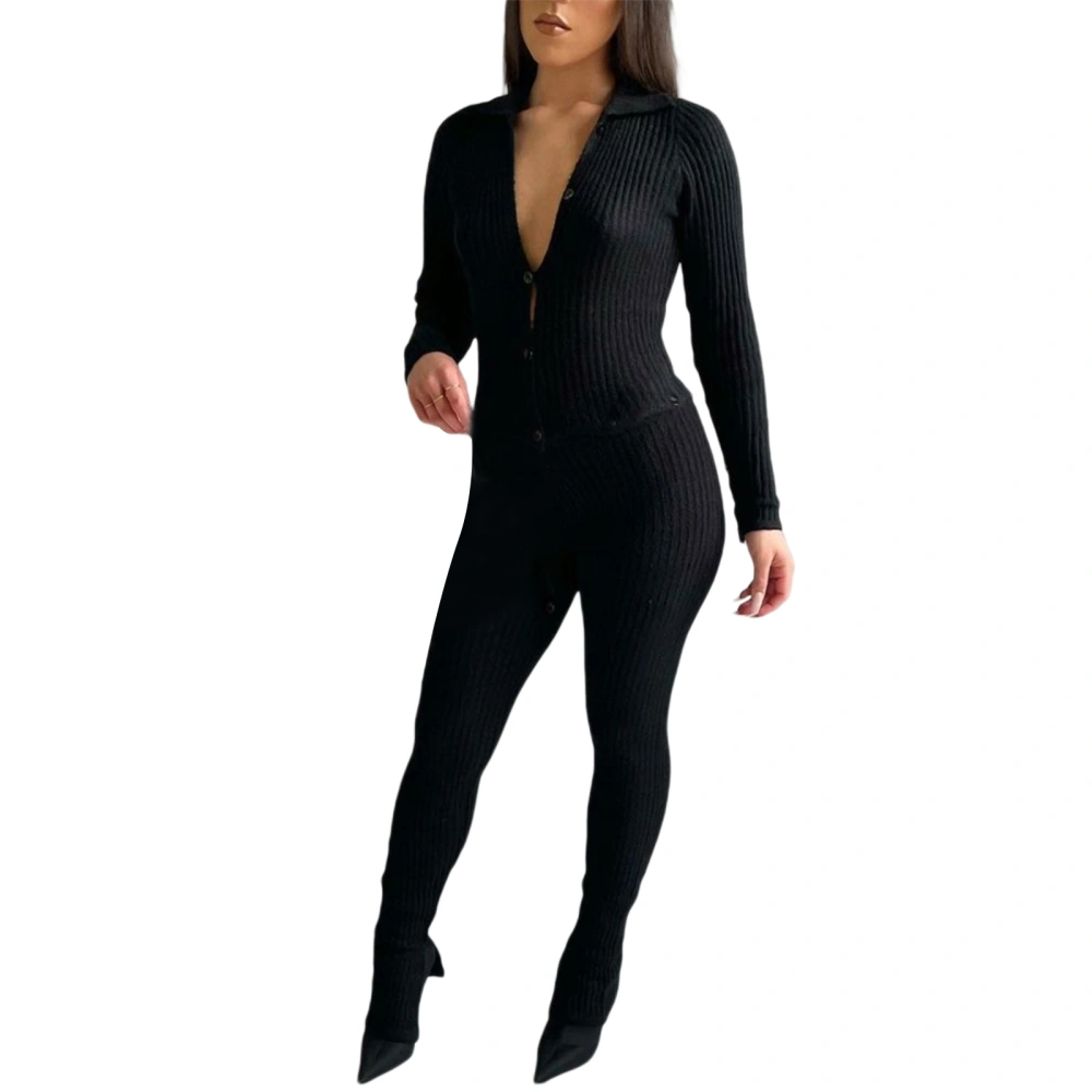 Women’s Solid Color Long Sleeve Single-breasted Tight Jumpsuit