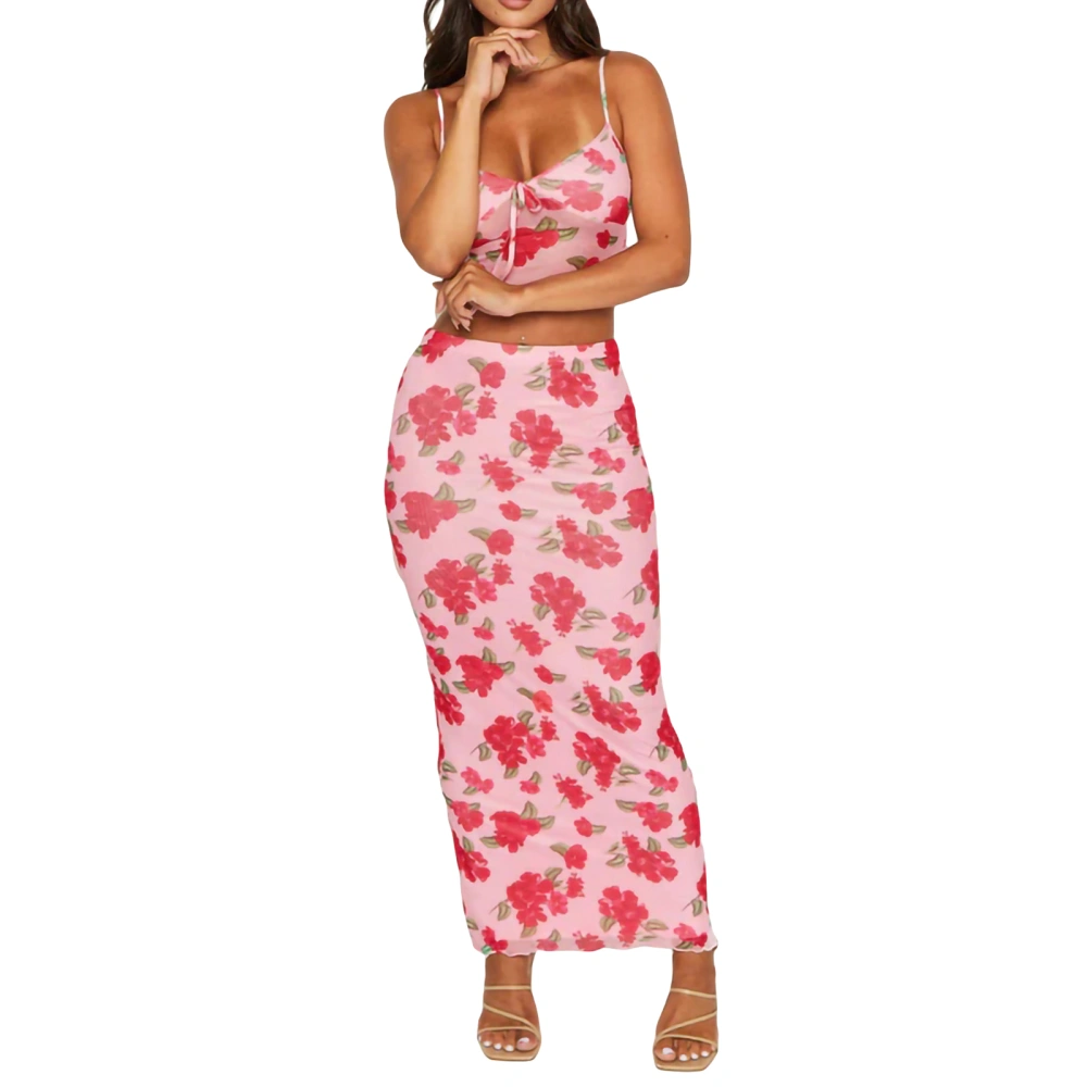 Women Summer 2 Piece Sets Floral Camisole and High Waist Long Skirt