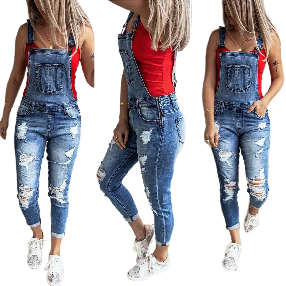 Women High Stretch Slim Fit Pants, Hole Ripped Denim Jumpsuits