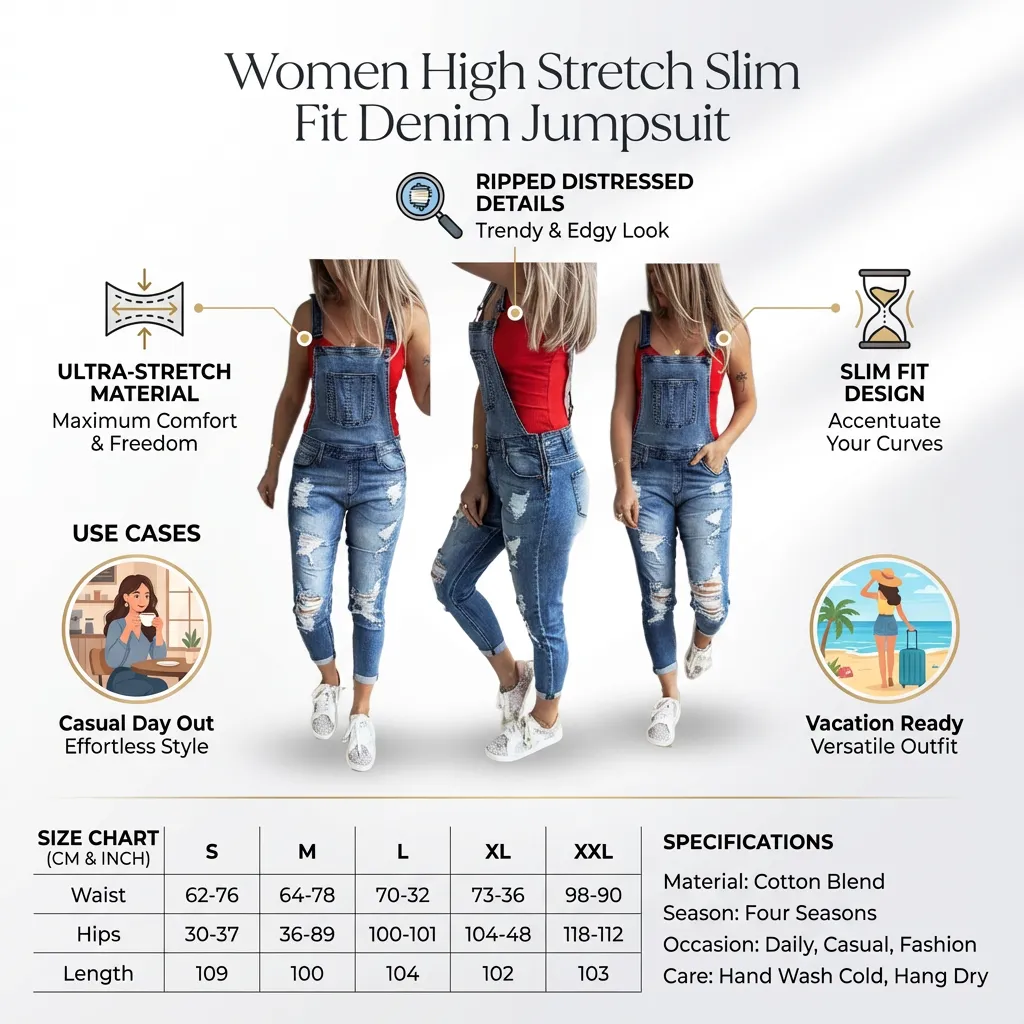 Women High Stretch Slim Fit Pants, Hole Ripped Denim Jumpsuits