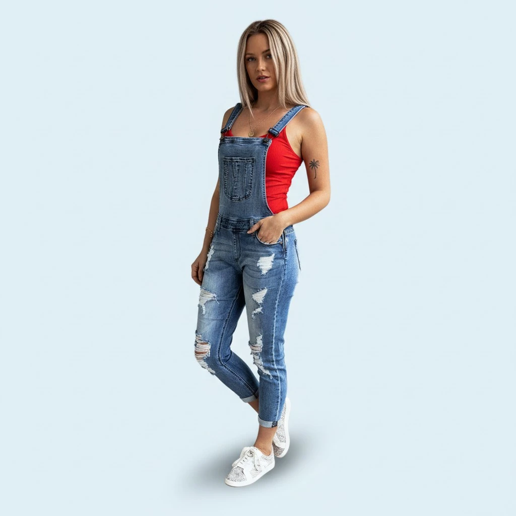 Women High Stretch Slim Fit Pants, Hole Ripped Denim Jumpsuits