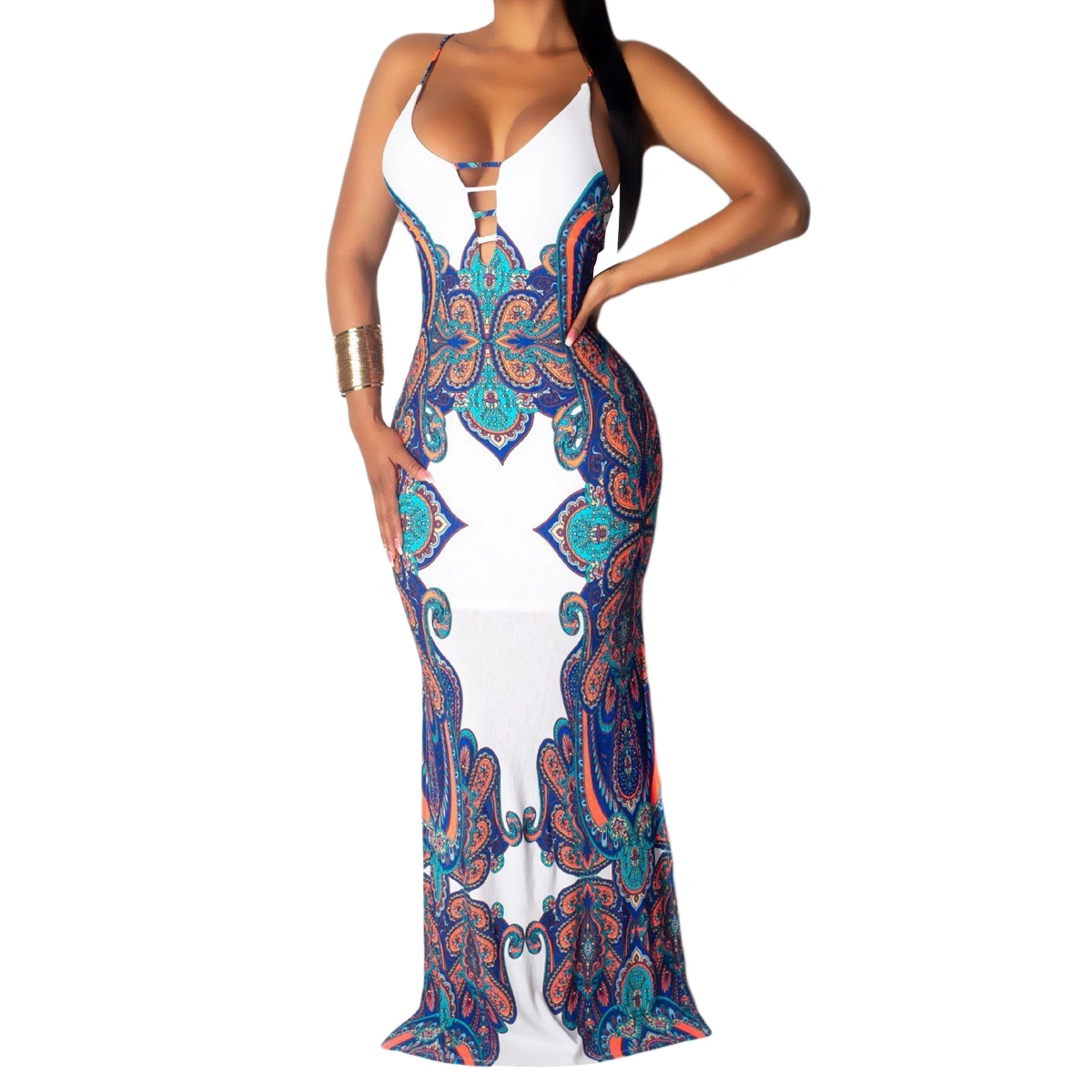 Women Spaghetti Straps Ethnic Printed Cut Out Open Back Maxi Dress