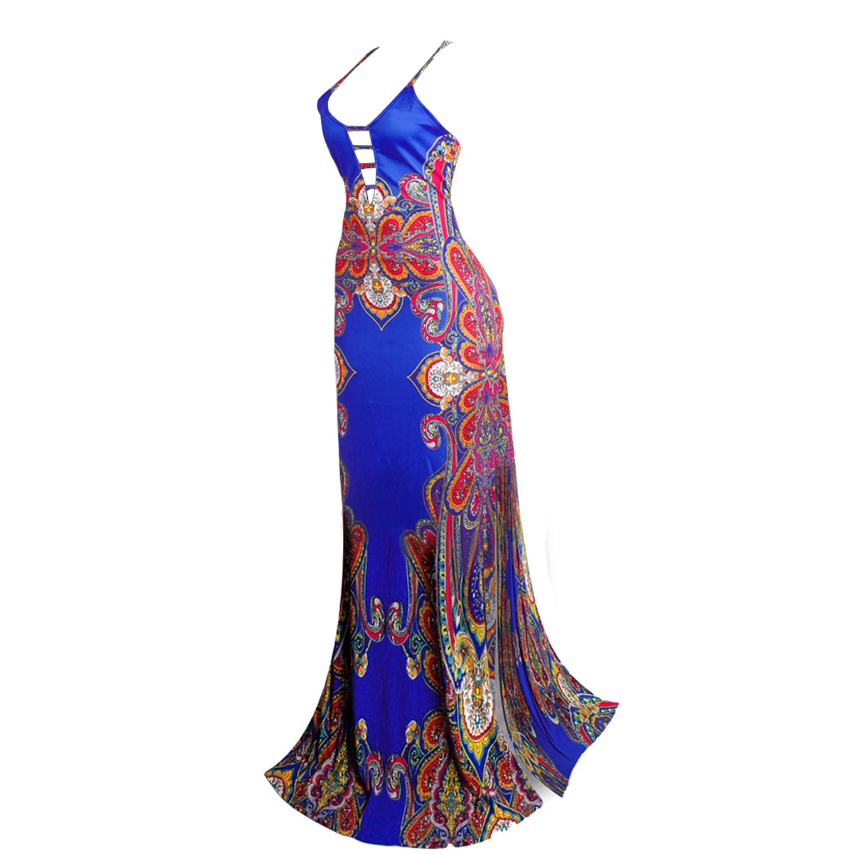 Women Spaghetti Straps Ethnic Printed Cut Out Open Back Maxi Dress