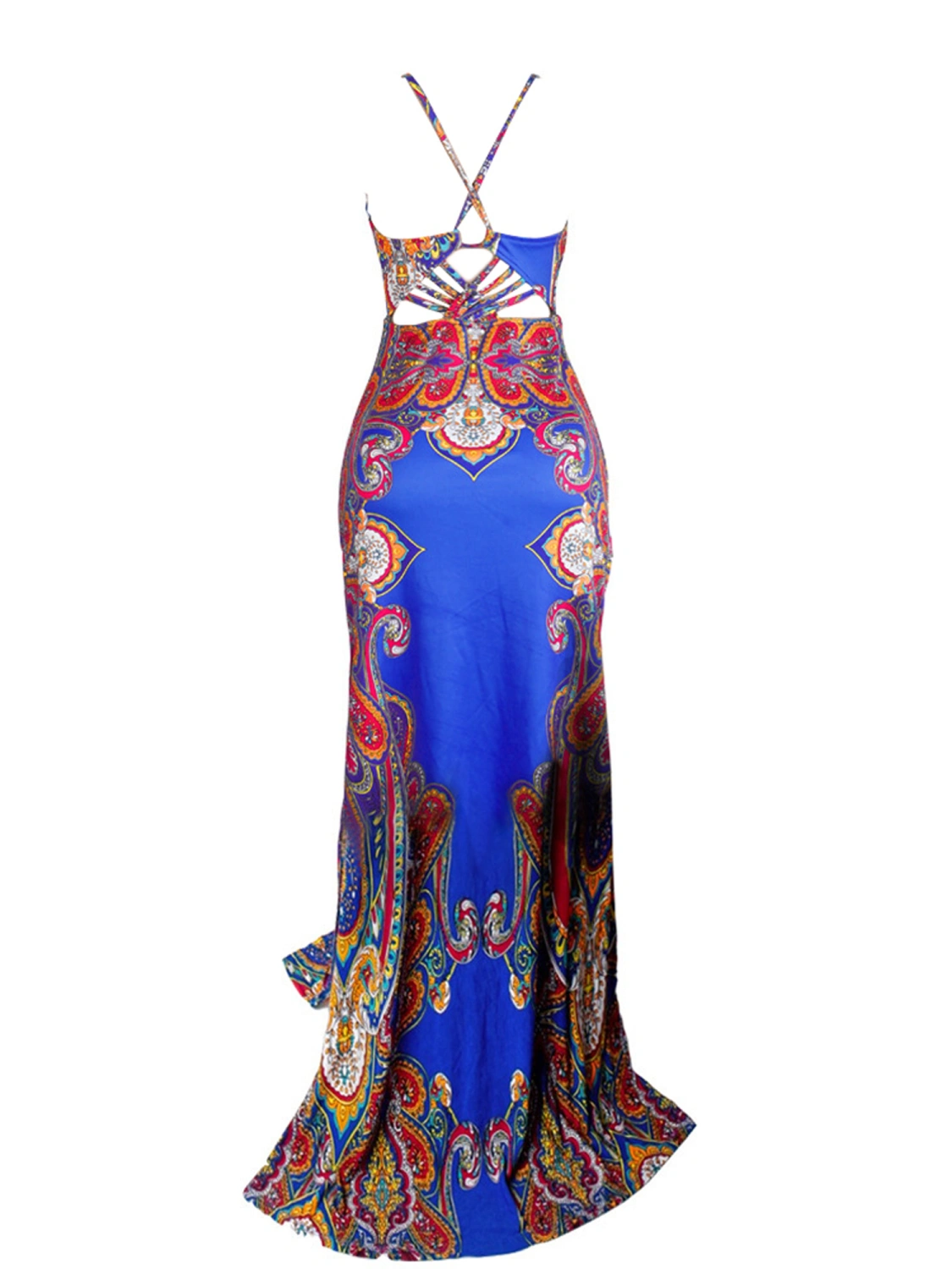 Women Spaghetti Straps Ethnic Printed Cut Out Open Back Maxi Dress