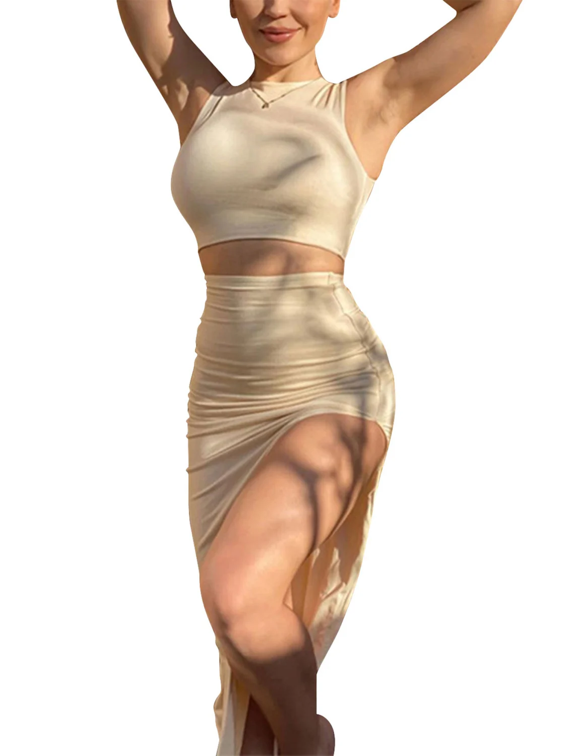 Women Clothes Set, Solid Color Round Collar Vest and Long Slit Skirt