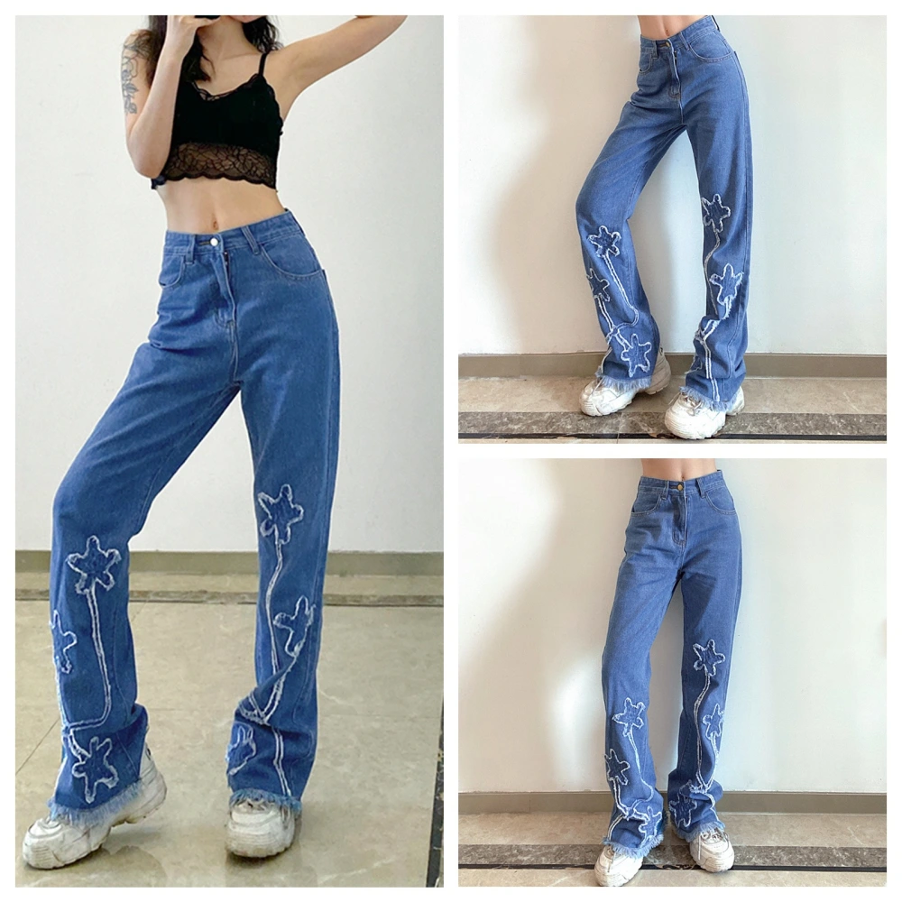 Women Spring Jeans, Stars Print Middle Waist Frayed Straight-Leg Pants