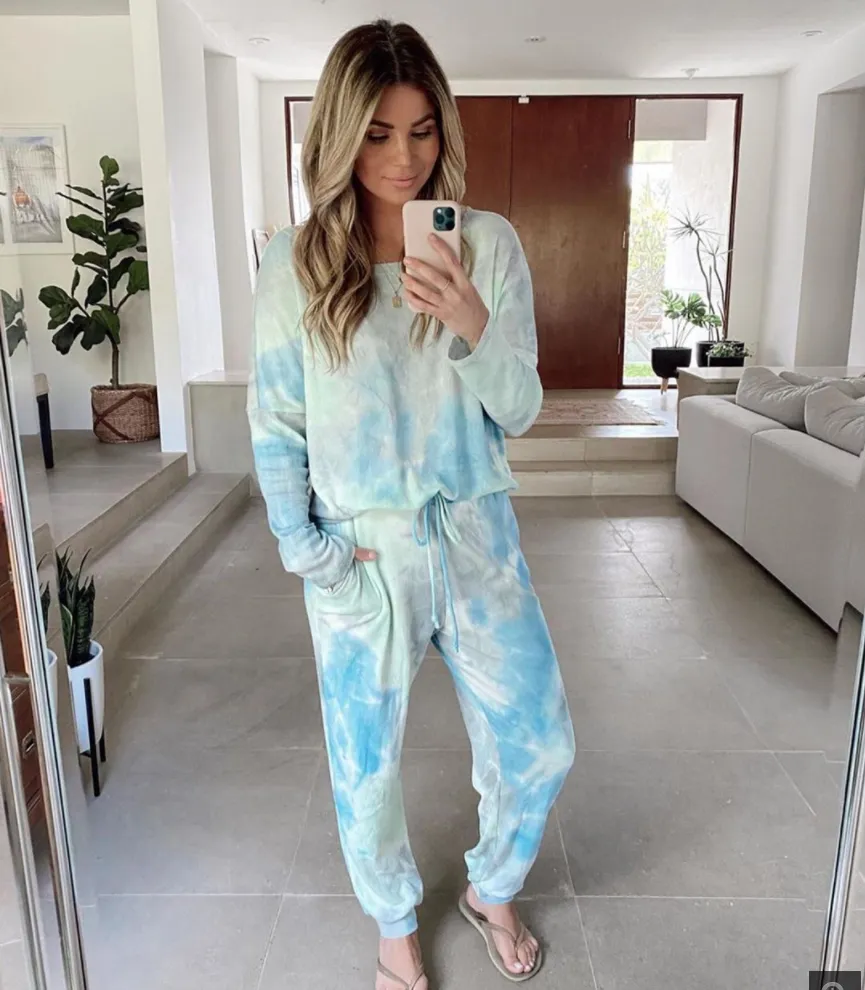 Women's Tie-dyed Long Sleeve Loose T-shirt with Casual Long Pants