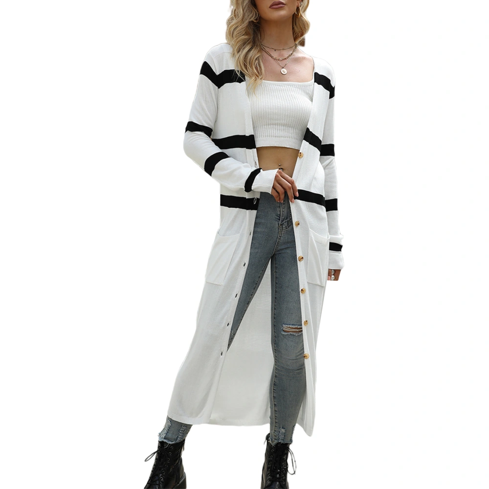 Women’s Fashion Stripe V-neck Single-breasted Long-sleeved Cardigan