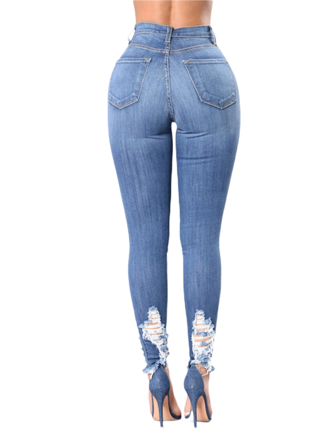 Women Spring Jeans, Middle-Waist Ankle-Length Tight Ripped Pants
