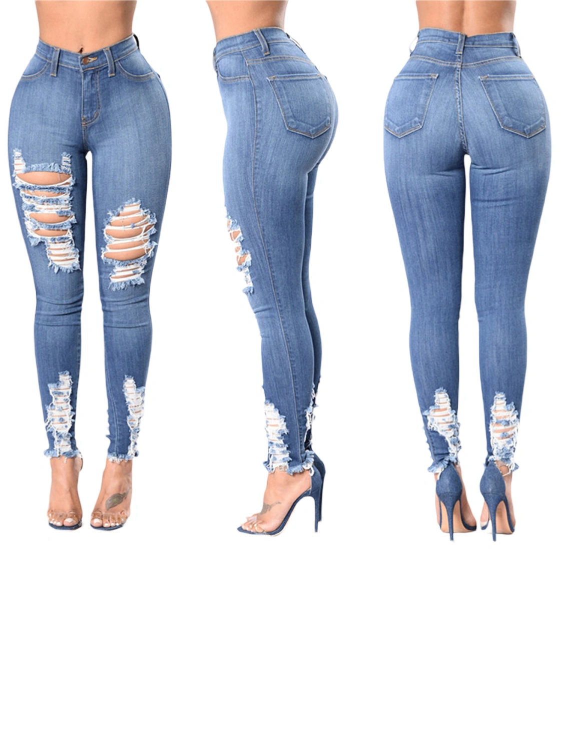 Women Spring Jeans, Middle-Waist Ankle-Length Tight Ripped Pants