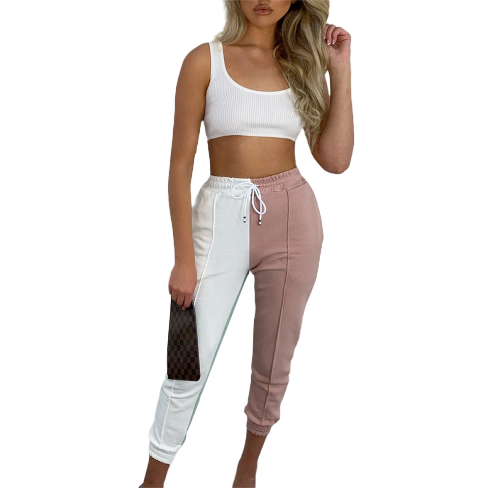 Women Sports Pants, Color Block Straps Elastic Band Casual Bottoms