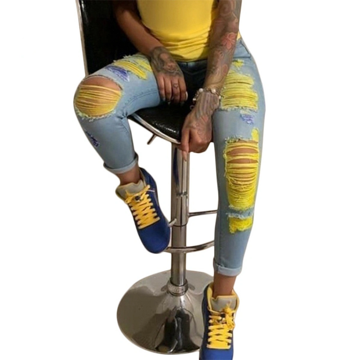 Women Denim Long Pants, Ripped Hollow High Waist Distressed Destroyed Pants