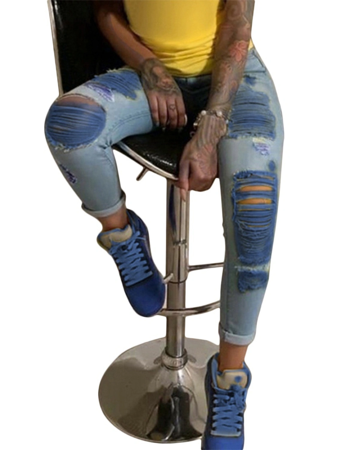 Women Denim Long Pants, Ripped Hollow High Waist Distressed Destroyed Pants
