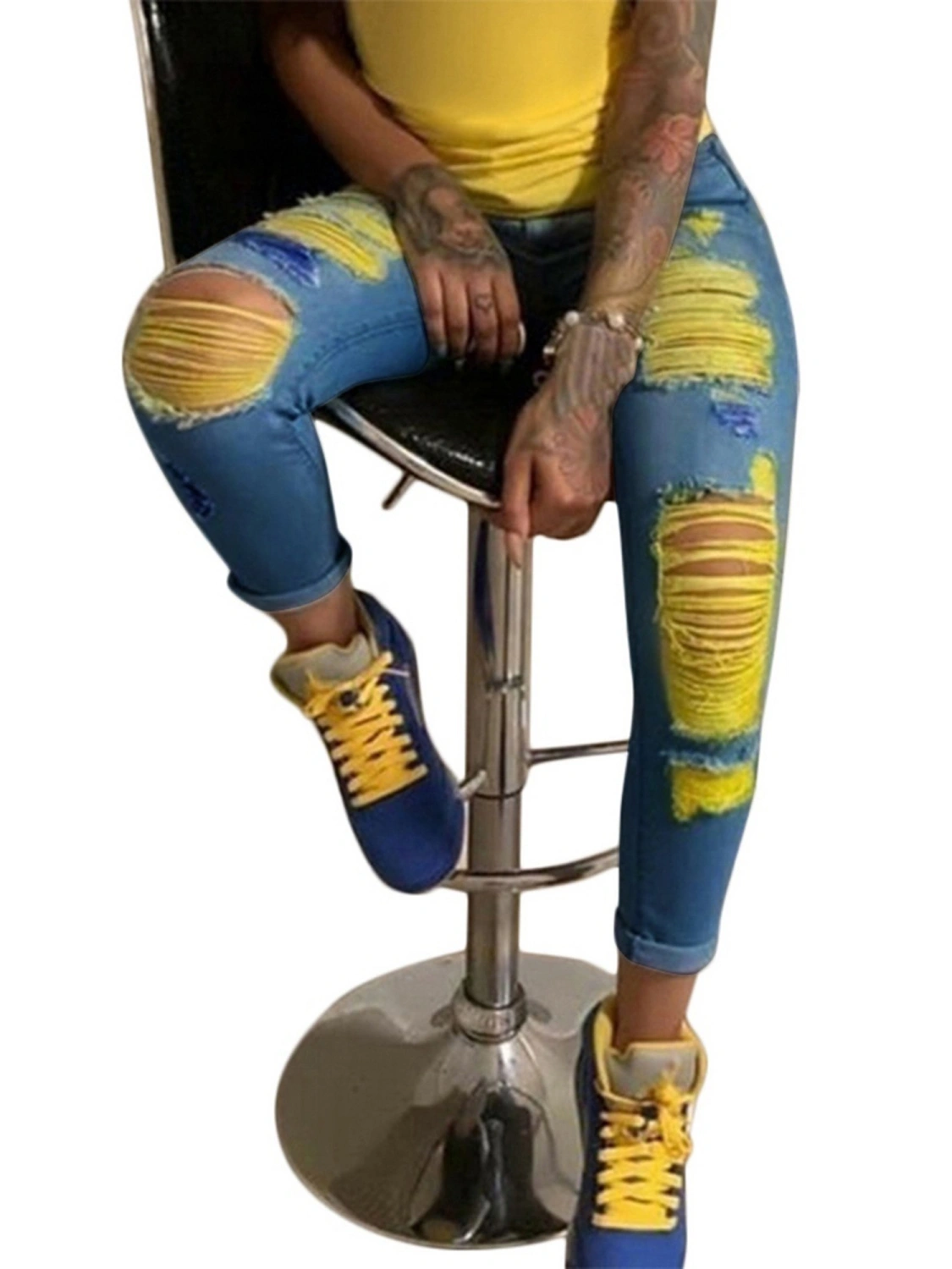 Women Denim Long Pants, Ripped Hollow High Waist Distressed Destroyed Pants