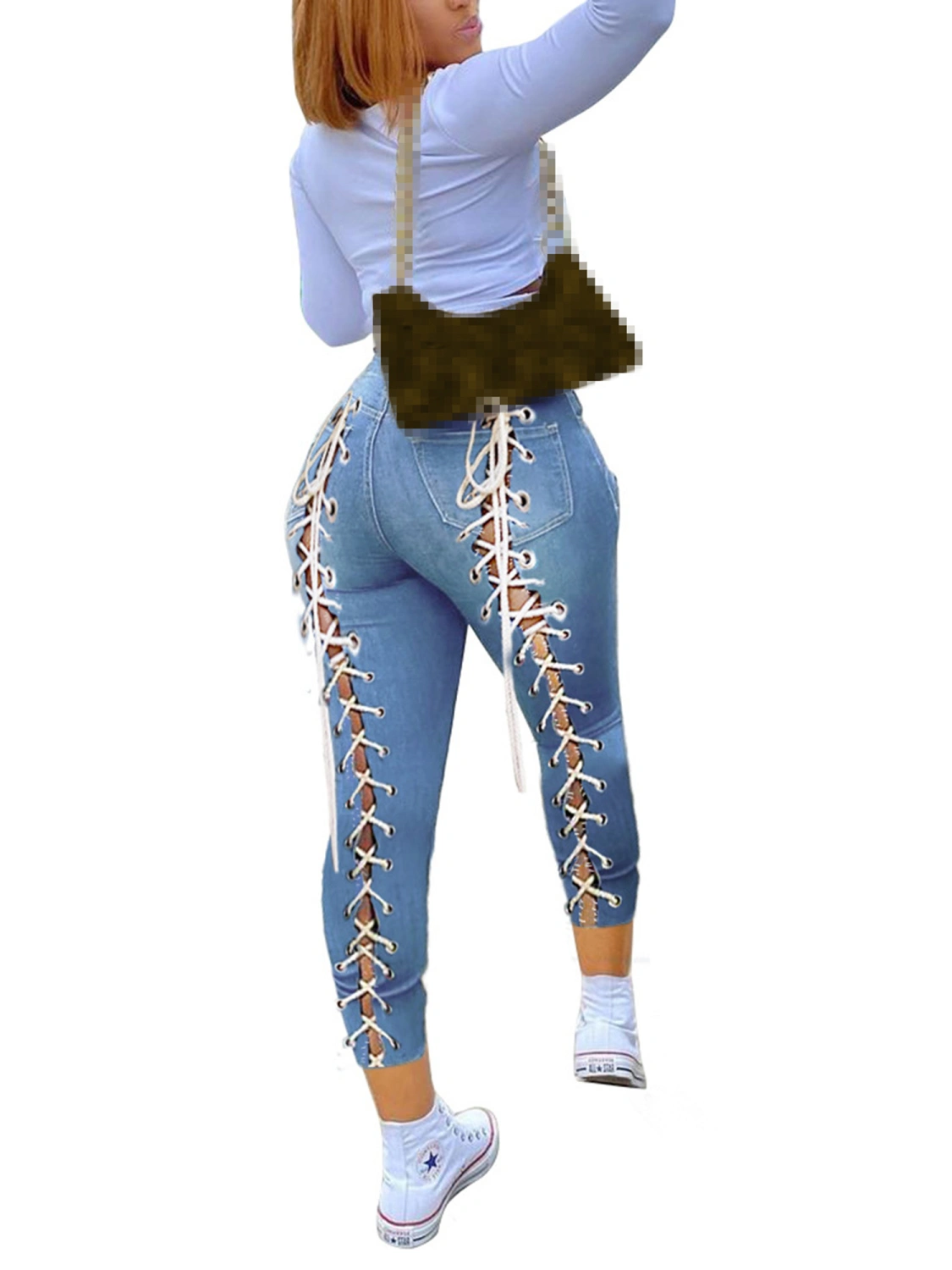 Female Ripped Jeans, High Waist Trousers Ninth Pants with Straps