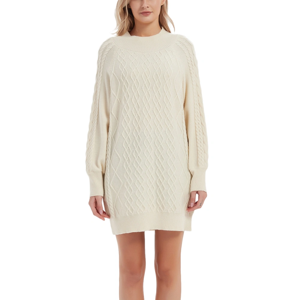 Women Solid Color Sweater, Round Collar Balloon Sleeves Knitted Dress