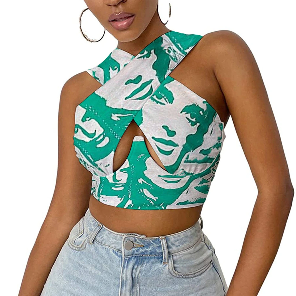 Women Close-fitting Vest, Printing Halter Neck Sleeveless Crop Tops