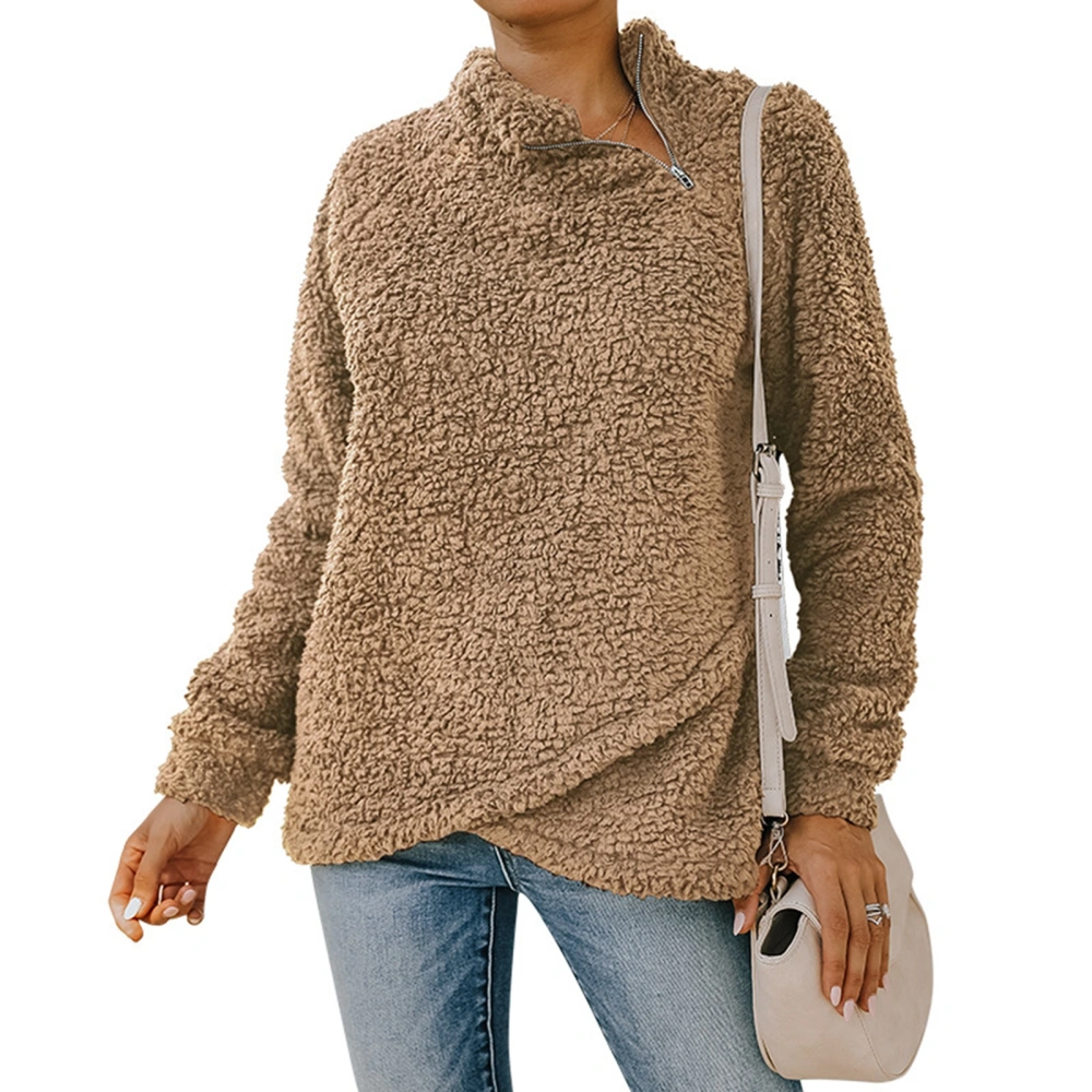 Women Plush Pullover, Solid Color Round Collar Long Sleeve Loose Tops