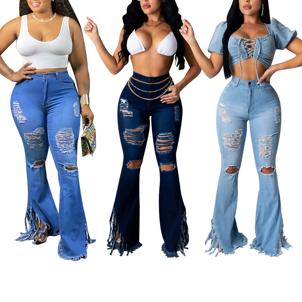 Women Summer Jeans, Denim High Waist Ripped Bell-Bottomed Pants
