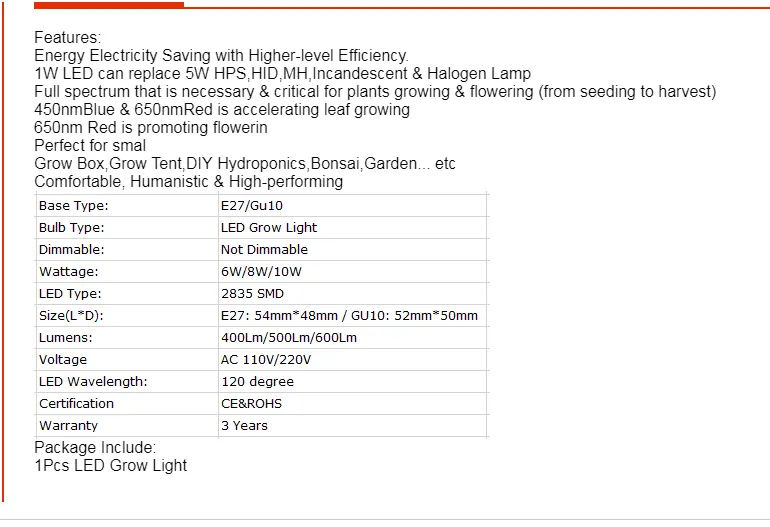 LED Grow Light, 110V/220V Plant Veg Flower Hydroponic Aquarium Bulb