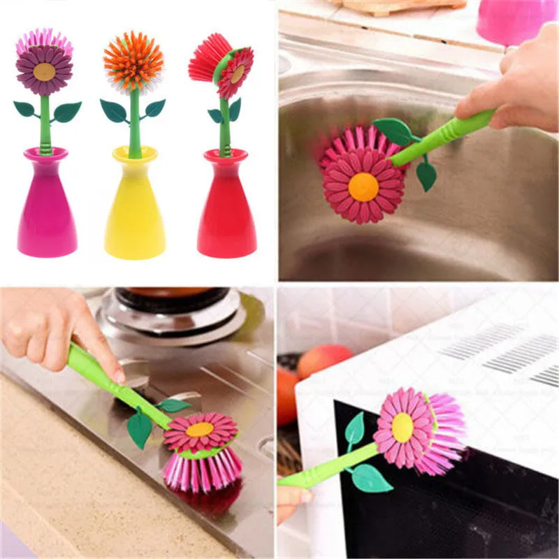 Sun Flower Dish Scrub Brush Kitchen Cleaning Brush with Handle