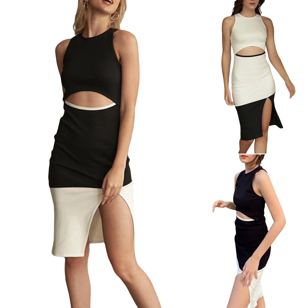 Women Color Block Dress, Sleeveless Round Neck Cutout Slit One-piece