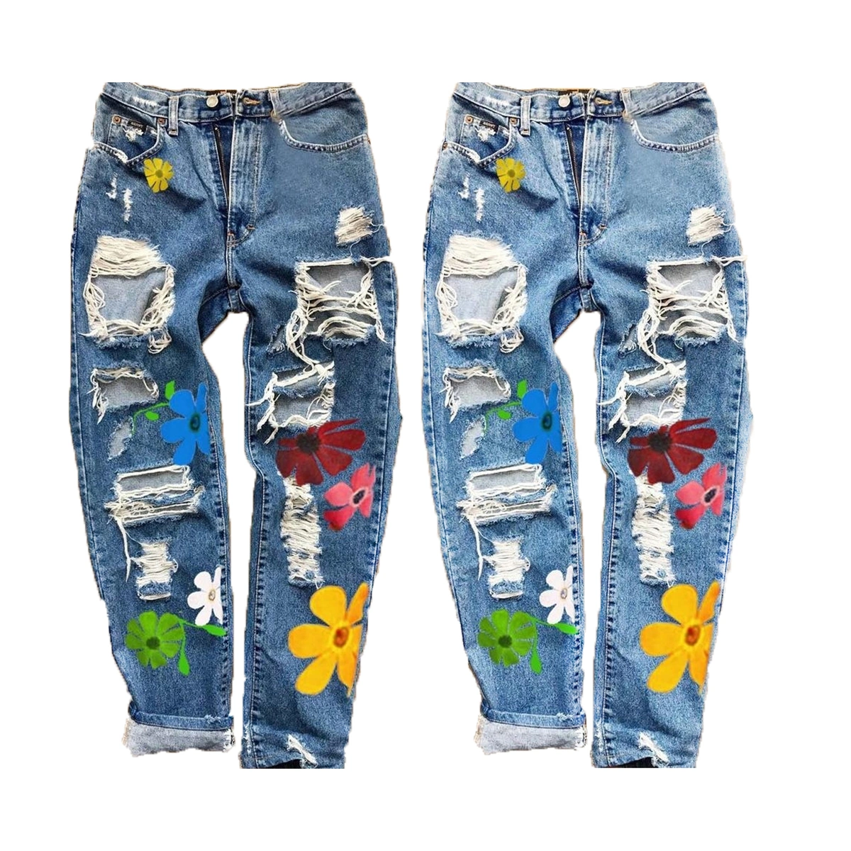 Women Ripped Jeans High Waist Floral Print Trousers Denim Pants