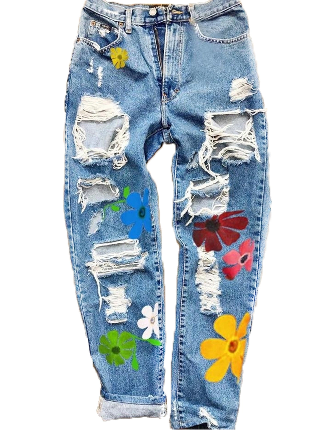 Women Ripped Jeans High Waist Floral Print Trousers Denim Pants