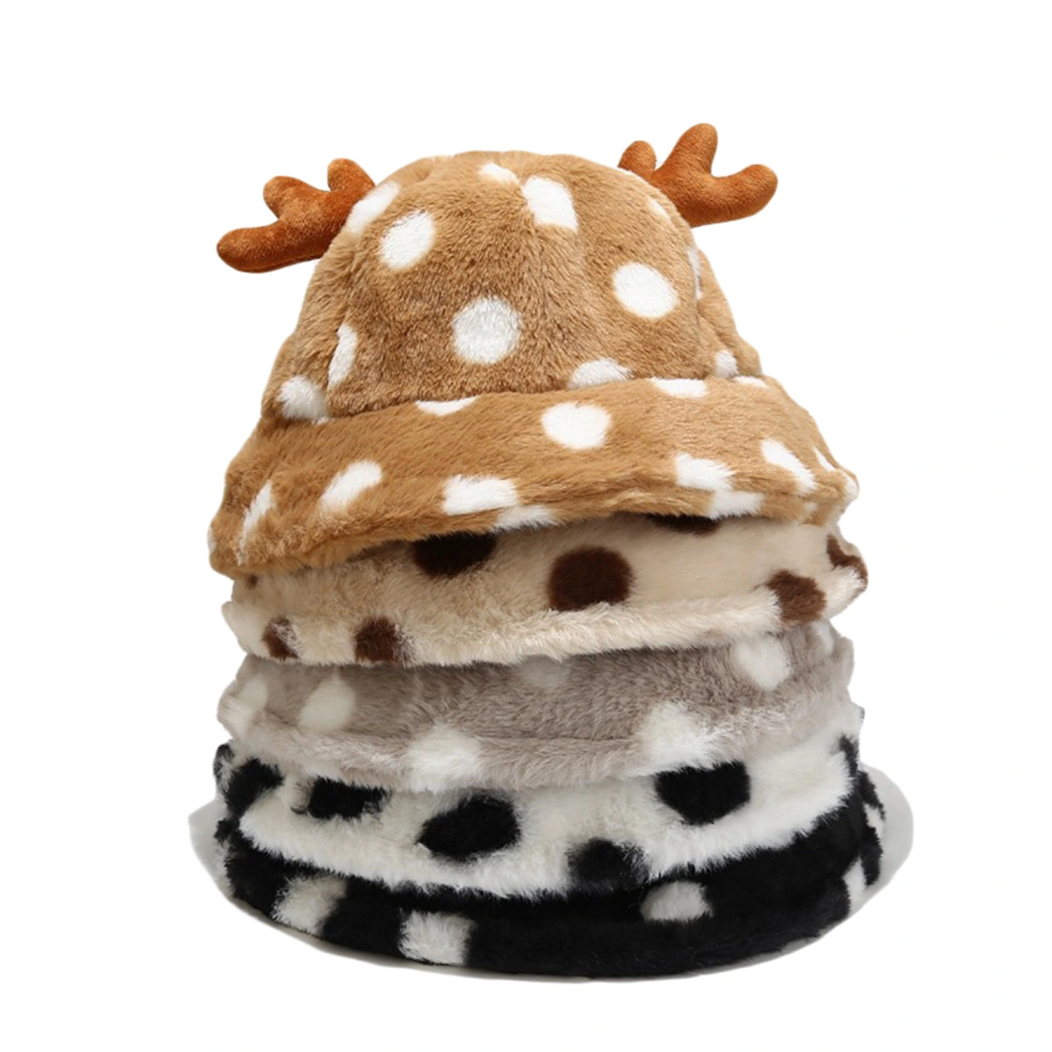 Women Christmas Antlers Bucket Hat Winter Cute Plush Fisherman Hat