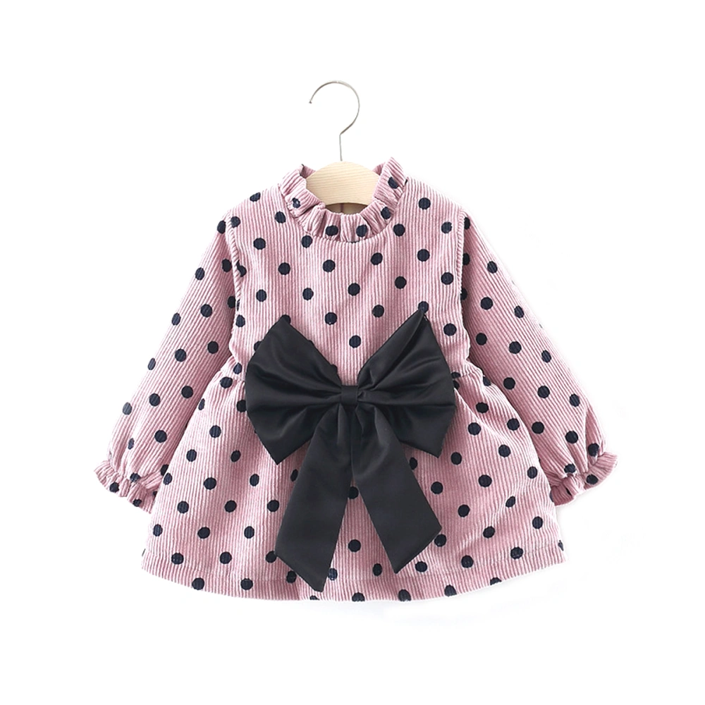 Girl's Long Sleeve Polka Dot Print A-Line Dress with Black Bowknot